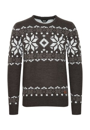 Brown knit sweater with white snowflake patterns and geometric designs. Features a round neck and ribbed cuffs and hem.