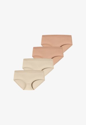 Quatre culottes féminines sans couture style hipster en beige et marron clair, disposées en diagonale sur fond blanc.