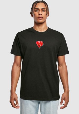 Black t-shirt with short sleeves featuring a red heart-shaped balloon graphic in the center, adorned with yellow stars. Cotton material.