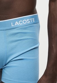 Άτομο που φοράει ανοιχτό μπλε μποξεράκια Lacoste, φαίνεται από τη μέση έως τον άνω μηρό, με μέρος του χεριού να φαίνεται στο πλάι.