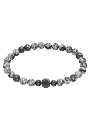 Bracelet en perles avec un mélange de pierres marbrées grises et noires et des accents noirs unis. Comprend une perle ronde avec le logo "LIEBESKIND."