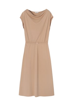 Sleeveless, knee-length dress in beige fabric with a draped cowl neckline, cinched waist featuring a small metallic clasp.