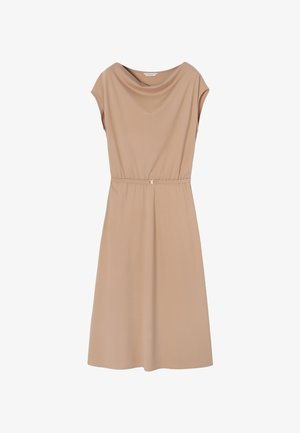Sleeveless, knee-length dress in beige fabric with a draped cowl neckline, cinched waist featuring a small metallic clasp.