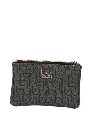 Bustina in tessuto grigio scuro con motivo a lettere "b" nere intrecciate in ripetizione, cerniera color oro e targhetta con logo "byblos" al centro sul davanti.