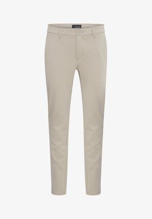 Beige tailored pants with a zip fly and button closure. Features front pockets, slim fit, and a smooth, matte texture.