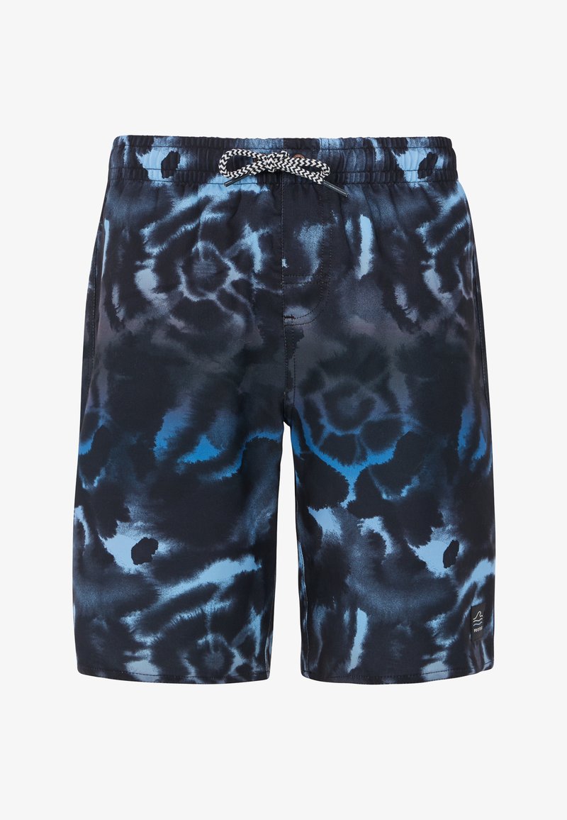 Pantaloni da nuoto in un modello tie-dye blu scuro, realizzati in materiale leggero. Presentano un elastico in vita con cordino e un dettaglio logo discreto all'orlo.