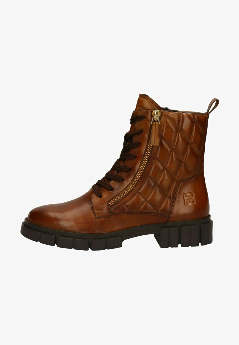 Brown leather ankle boot featuring quilted side, side zipper, lace-up front, and chunky rubber sole. Smooth texture and rounded toe design.