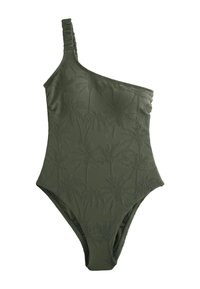 Maillot de bain une pièce kaki à une épaule avec un motif texturé de palmiers et une bretelle froncée sur l'épaule gauche.