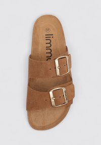 Sandale à glissière en suede marron avec deux boucles dorées ajustables, semelle intérieure douce et surface texturée. La marque apparaît sur la semelle. Taille 37.