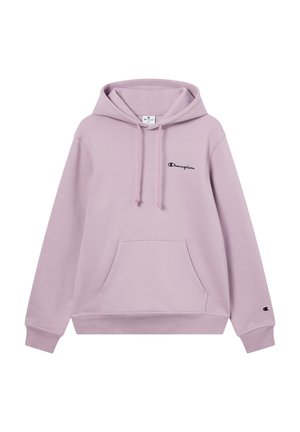 Lichtroze hoodie met een trekkoord, een voorkantzak en geborduurd "Champion" logo. Gemaakt van zachte, gestructureerde stof. Ribgebreide manchetten en zoom.