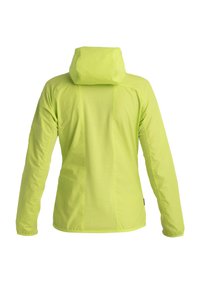 Lichtgrüne leichte Jacke mit Kapuze, die ein strukturiertes Design, lange Ärmel und einen strukturierten Stoff auf dem Rücken aufweist.