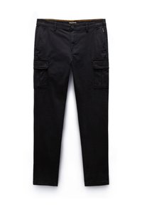 Czarne spodnie typu cargo wykonane z trwałej tkaniny o klasycznym kroju. Posiadają dwie boczne kieszenie, dwie duże kieszenie na udach oraz zamek błyskawiczny.