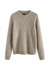 Jasnoszary sweter z dzianiny o fakturowanym wzorze w diamenty, z prążkowanymi mankietami i dołem oraz okrągłym dekoltem. Widoczna etykieta marki wewnątrz.