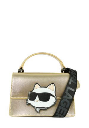 Borsa a mano metallica dorata con manico superiore e tracolla regolabile. Presenta un gatto dei cartoni animati con occhiali da sole sul davanti.