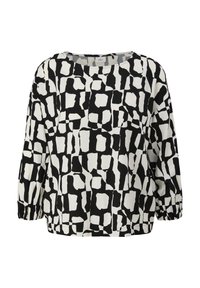 Blouse à motifs noir et blanc avec un design abstrait, coupe ample, encolure ronde et manches froncées aux poignets.