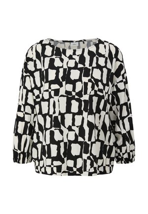 Schwarz-weiß gemusterte Bluse mit abstraktem Design, lockerem Schnitt, rundem Halsausschnitt und gerafften Ärmeln an den Handgelenken.