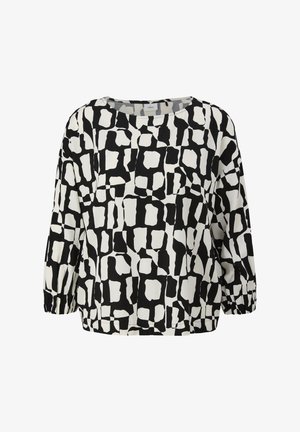Schwarz-weiß gemusterte Bluse mit abstraktem Design, lockerem Schnitt, rundem Halsausschnitt und gerafften Ärmeln an den Handgelenken.