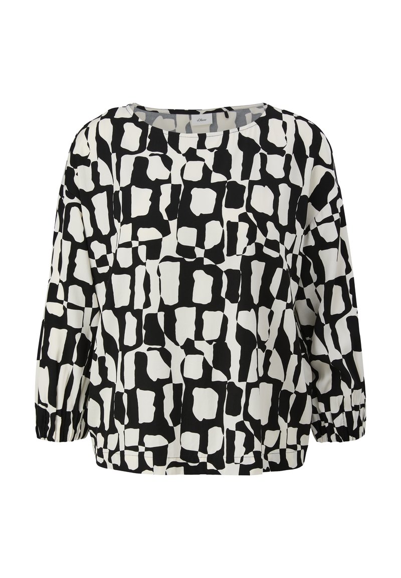 Blouse à motifs noir et blanc avec un design abstrait, coupe ample, encolure ronde et manches froncées aux poignets.