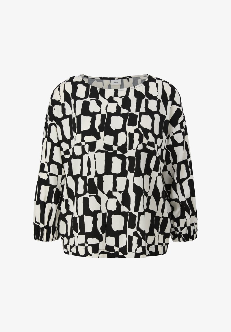 Schwarz-weiß gemusterte Bluse mit abstraktem Design, lockerem Schnitt, rundem Halsausschnitt und gerafften Ärmeln an den Handgelenken.