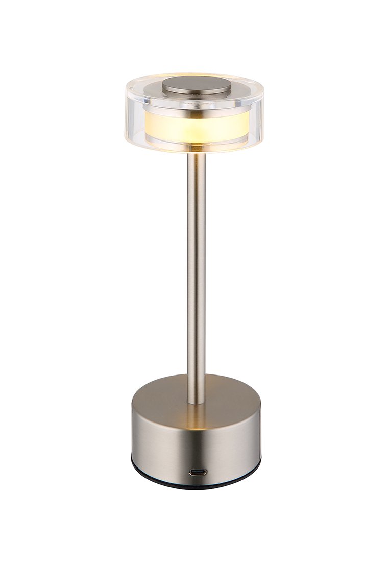 Lampka stołowa z metalową podstawą oraz cylindrycznym kloszem, z przezroczystą górą, ciepłym źródłem światła oraz portem ładowania USB.