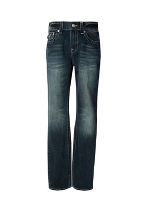 Tmavě modré džíny z denimu s rovnými nohavicemi, vybavené vybledlými částmi a bílým prošíváním, s pětiprckovým designem a zapínáním na knoflík.