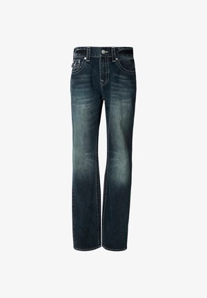 Donkerblauwe spijkerbroek met rechte pasvorm, met vervaagde delen en witte stiksels, ontwerp met vijf zakken en knoopsluiting.