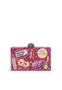Borsa a mano a tracolla con esterno in glitter rosa, decorata con adesivi e gemme a tema Londra, dotata di chiusura a scatto e dettagli decorativi.