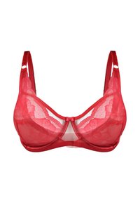 Czerwony koronkowy stanik z przezroczystym wzorem w kwiaty, z regulowanymi ramiączkami i centralną kokardką. Miękki, strukturalny materiał kontrastuje z gładkimi detalami.