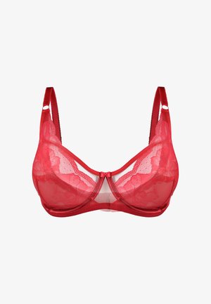 Czerwony koronkowy stanik z przezroczystym wzorem w kwiaty, z regulowanymi ramiączkami i centralną kokardką. Miękki, strukturalny materiał kontrastuje z gładkimi detalami.