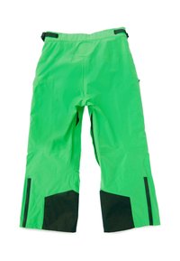 Pantalones impermeables verdes con una textura suave, con detalles negros en las piernas, cintura ajustable y bolsillos laterales con cremallera.