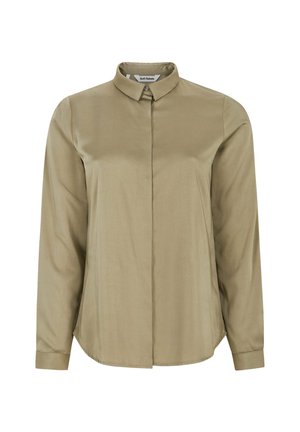 Lange mouwen, overhemd met kraag in licht olijfgroen, met een knoopsluiting aan de voorkant, een gladde textuur en afgeronde zoom, gemaakt van lichtgewicht stof.