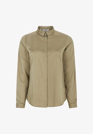 Langärmliges Hemd mit Kragen in hellem Olivgrün, mit durchgehendem Knopfverschluss, glatter Textur und abgerundetem Saum, aus leichtem Stoff gefertigt.