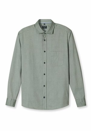 Light green long-sleeve button-up shirt with a textured fabric, black buttons, and a single chest pocket. Classic collar design.