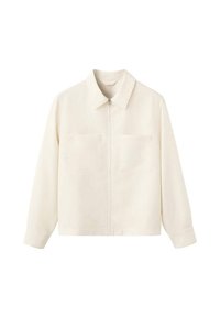 Veste crème à manches longues avec col, fermeture éclair frontale et deux poches carrées sur la poitrine, présentée sur fond blanc.