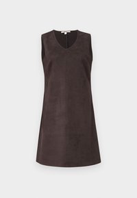 Dark brown sleeveless dress with a v-neck and smooth texture, featuring a simple, A-line silhouette and no additional embellishments.
