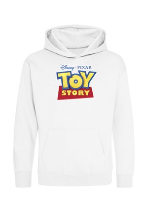 Biała bluza z kapturem z przednią kieszenią ozdobiona logo Disney Pixar Toy Story w dużych żółtych i niebieskich literach.