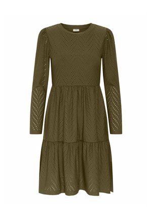 Robe longue à manches longues vert olive avec col rond et motif œillet chevron, taille froncée et jupe à volants.