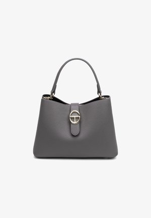 Gray textured leather handbag with a structured shape, featuring a gold-tone circular hardware accent and a top handle.