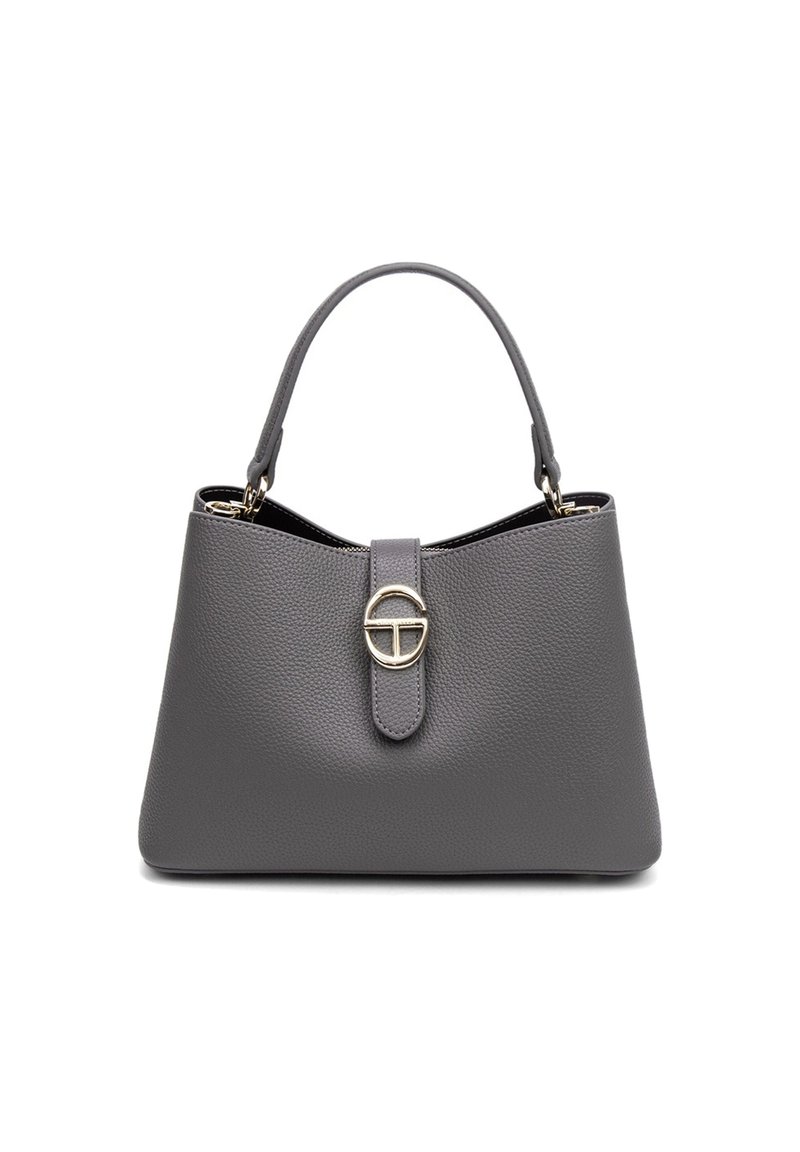 Borsa a tracolla in pelle grigia con texture, dalla forma strutturata, caratterizzata da un accento hardware circolare in tonalità oro e una maniglia superiore.