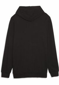 Sort hætte sweatshirt med en glat tekstur og lange ærmer, der har et enkelt design uden yderligere mønstre eller dekorationer.
