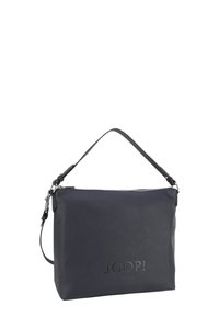 Borsa in pelle strutturata di colore navy con chiusura a zip, tracolla regolabile e logo "JOOP! JEANS" impresso sulla parte frontale. Forma rettangolare.