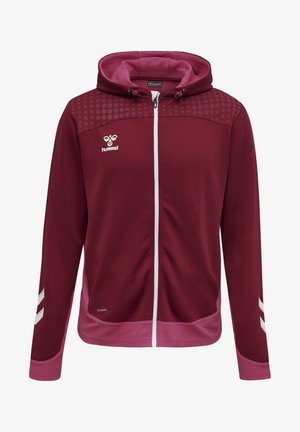 Bordeaux kleurige zip-up hoodie met een contrasterende roze binnenkant, geblokte schouderaccenten en een wit logo. Beschikt over elastische manchetten en een zoom.