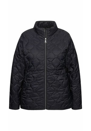 Chaqueta negra acolchada con cremallera frontal, cuello alto, mangas largas y un patrón de costura en forma de rombo.