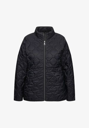 Chaqueta negra acolchada con cremallera frontal, cuello alto, mangas largas y un patrón de costura en forma de rombo.