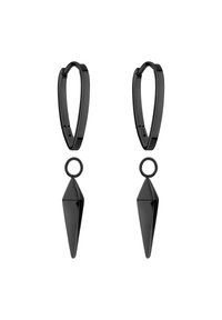 Schwarze Creolen mit einem dreieckigen Anhänger. Die Creolen haben eine glatte Oberfläche, während die Anhänger verjüngt sind und ein elegantes Aussehen erzeugen.