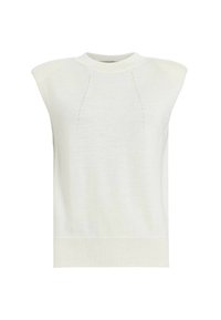 Witte mouwloze gebreide top met schoudervullingen, textuurstiksels en een geribde zoom voor een getailleerde uitstraling.