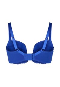 Blue bra with adjustable straps, smooth fabric, and a hook-and-eye closure at the back. Features a scalloped edge along the band.