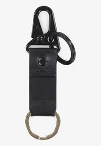 Black leather keychain with a snap closure, featuring a gold metal ring and a black clip for secure attachment. Smooth texture, minimalist design.
