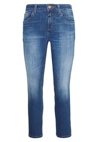 Džínové kalhoty ve středně modrém odstínu, s klasickým pětikapsovým designem, rovnými nohavicemi a jemným vyblednutím kolem stehen.