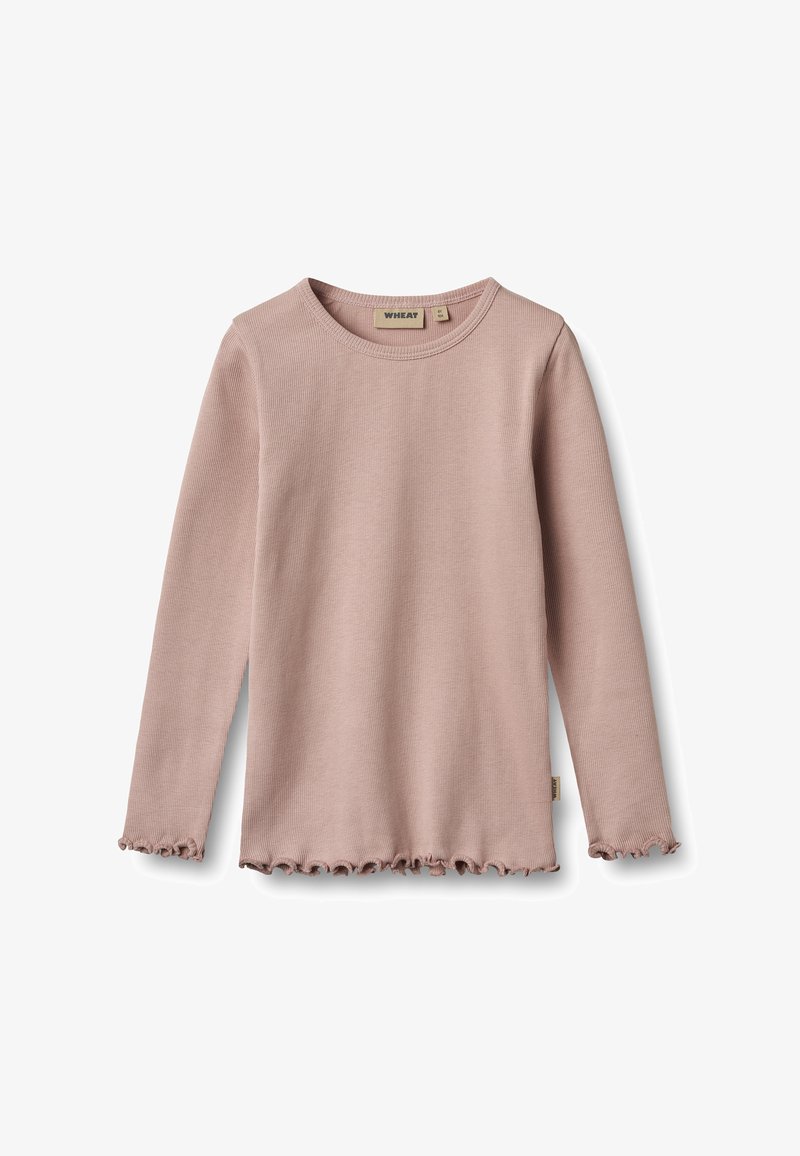 Maglia a maniche lunghe in maglia a costine color rosa polvere con scollo rotondo e orlo a forma di lattuga sulle maniche e sul fondo.